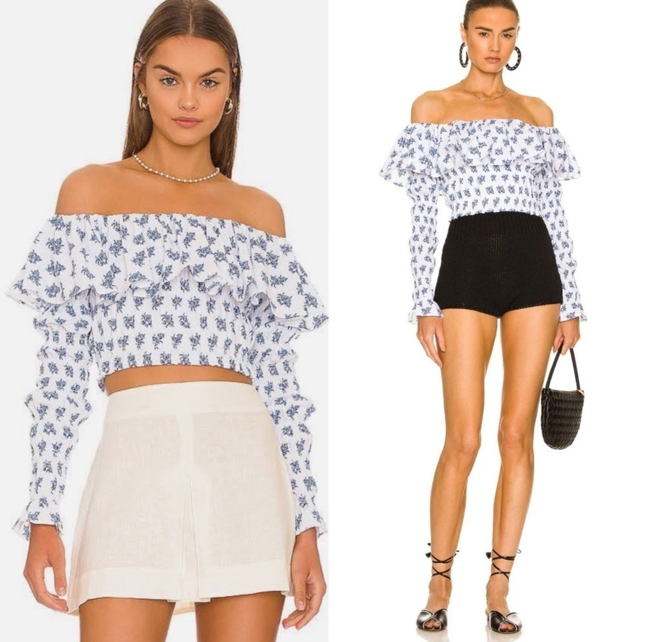 Caroline Constas Floral Off Shoulder Long Sleeves Lydia Top in Blue Toile Spot XXS $395