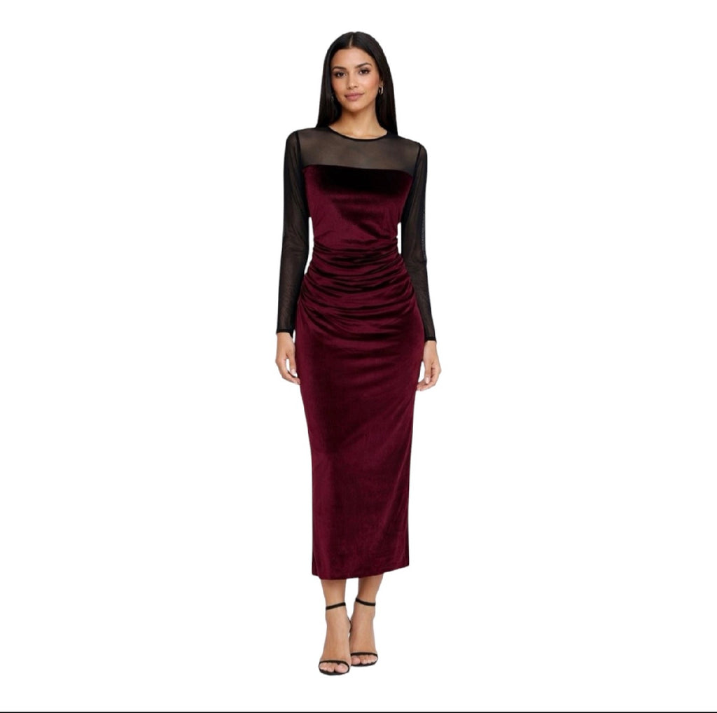 Amanda Uprichard Burgundy Velvet Mesh Midi Dress Ruched Long Sleeve Small