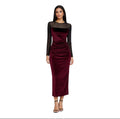 Amanda Uprichard Burgundy Velvet Mesh Midi Dress Ruched Long Sleeve Small