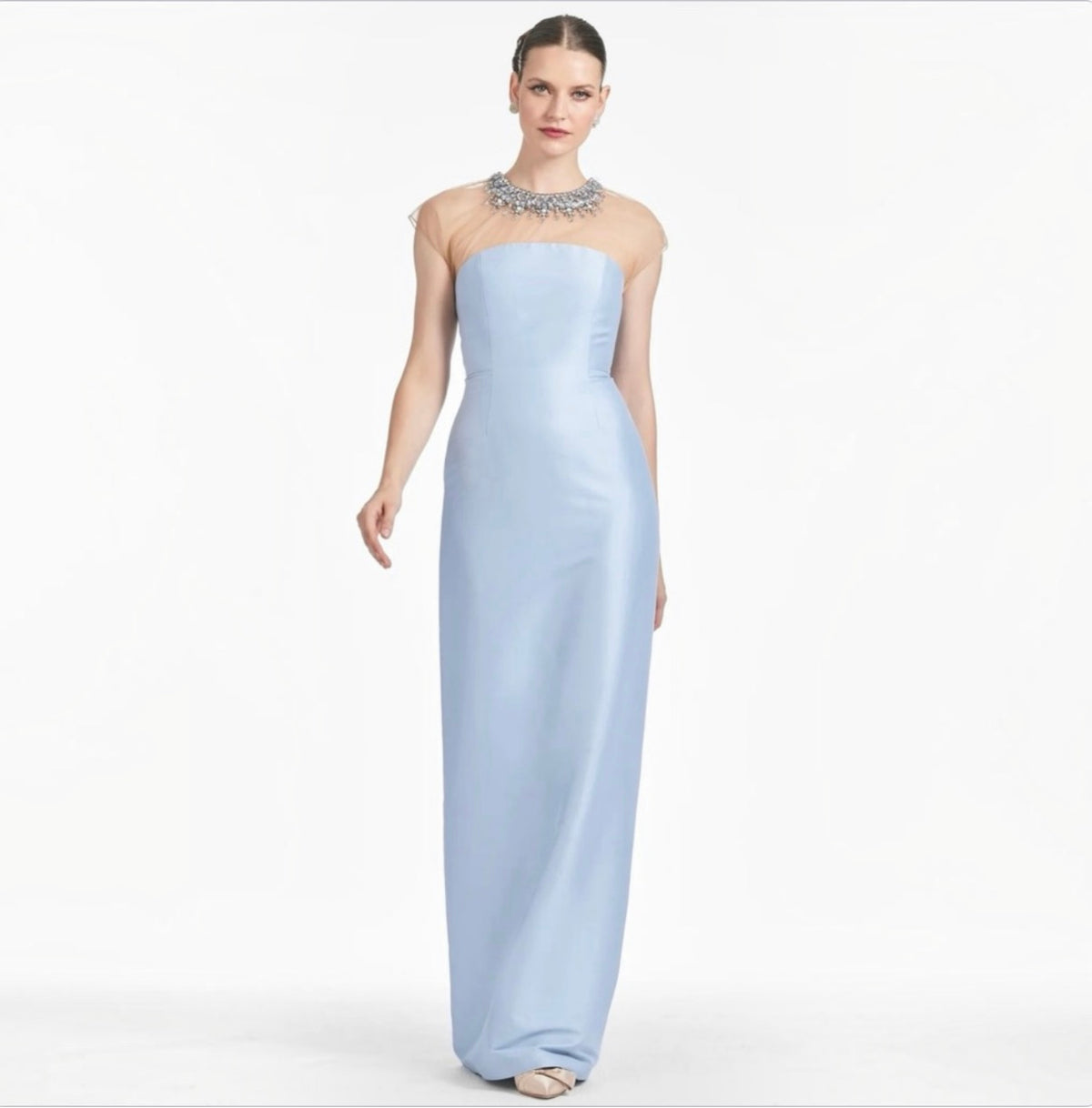 Sachin & Babi Irina Gown Glacial Blue Beaded Illusion Neck Sz 6