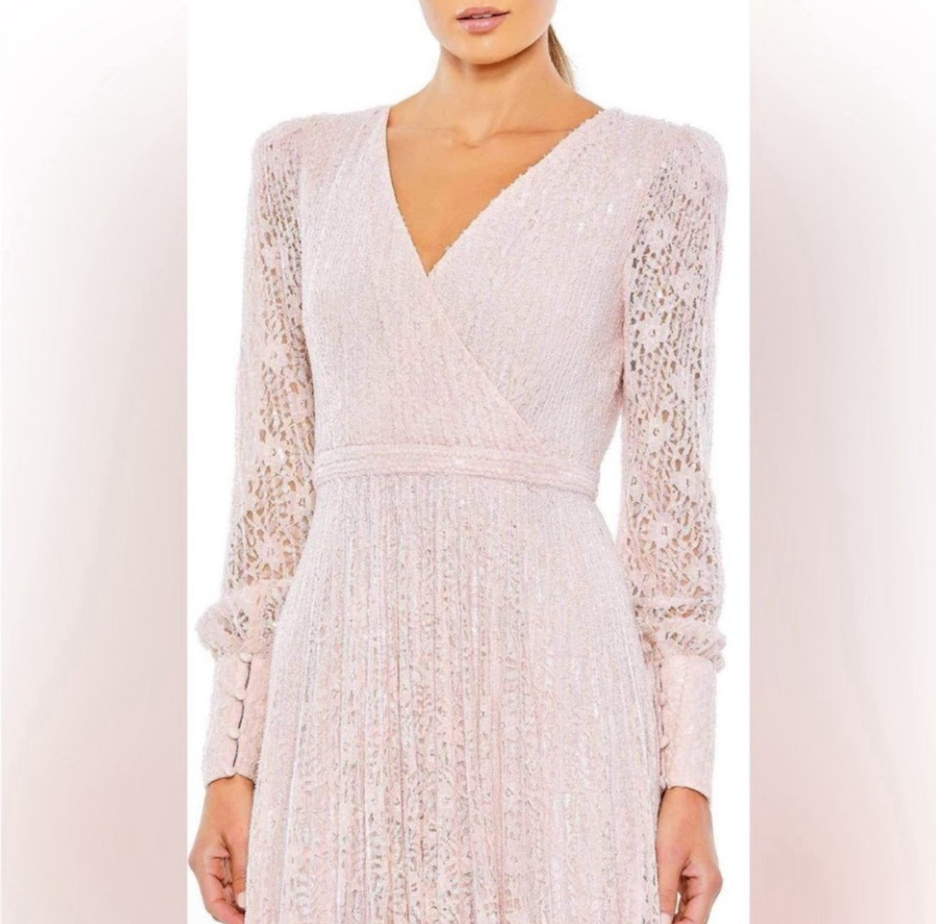 Mac Duggal 93679D Beaded
Lace Long Sleeve Wrap Over Gown Sz 20 $798