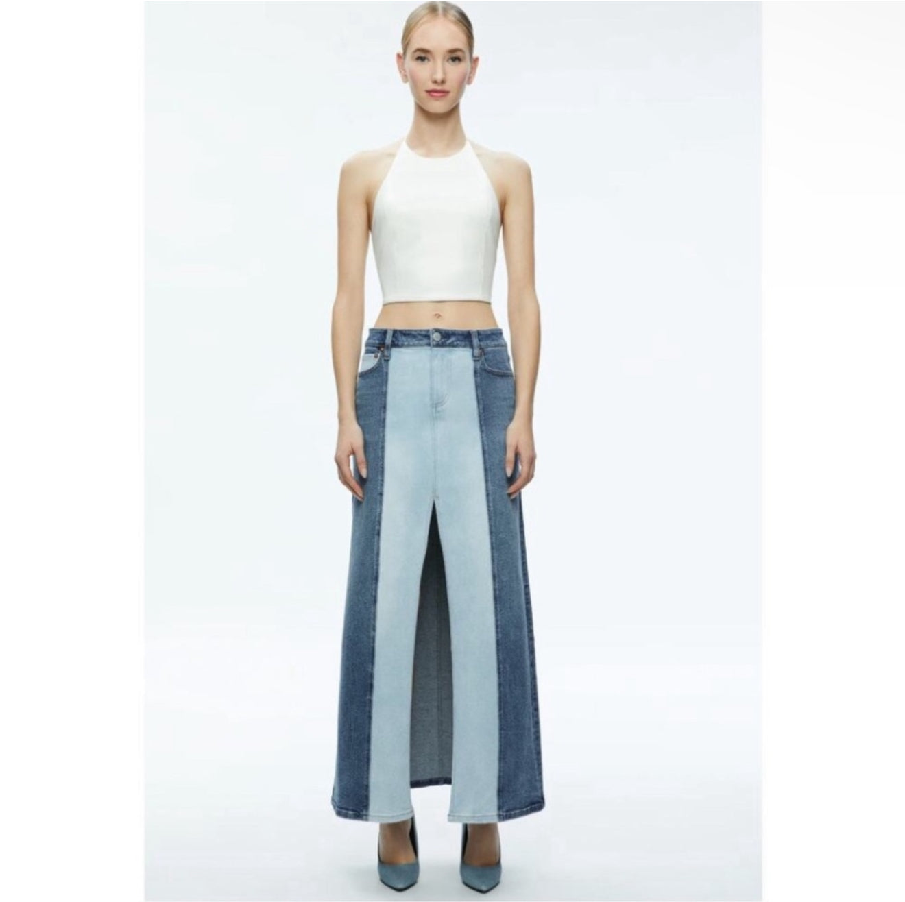 Alice + Olivia Rye Low-Rise Two-Tone Denim Maxi Skirt Sz 25 $375