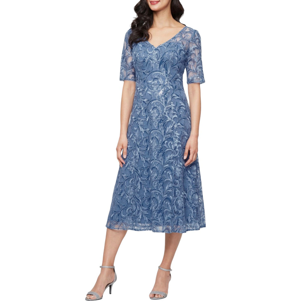 Alex Evenings Embroidered Tulle Sequin Midi Cocktail Dress Blue Size 10