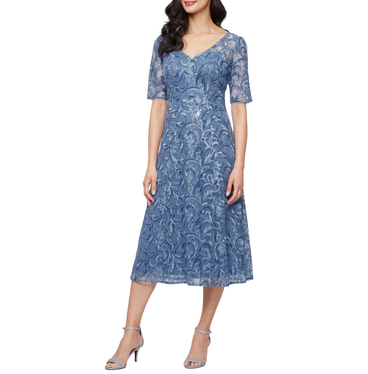 Alex Evenings Embroidered Tulle Sequin Midi Cocktail Dress Blue Size 10