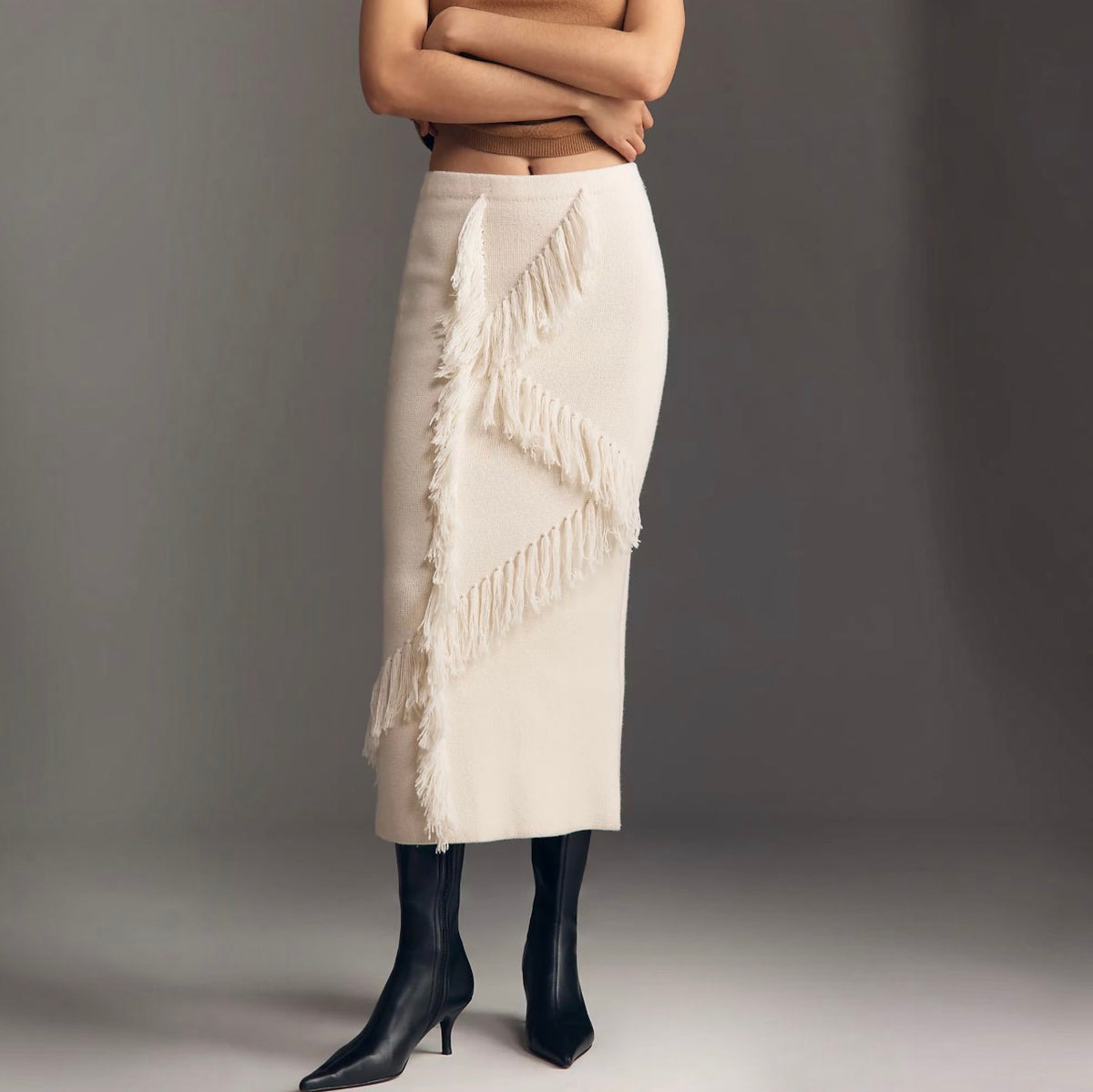 Derek Lam 10 Crosby Hestia Fringed Midi Sweater Skirt in Snow White Sz Medium