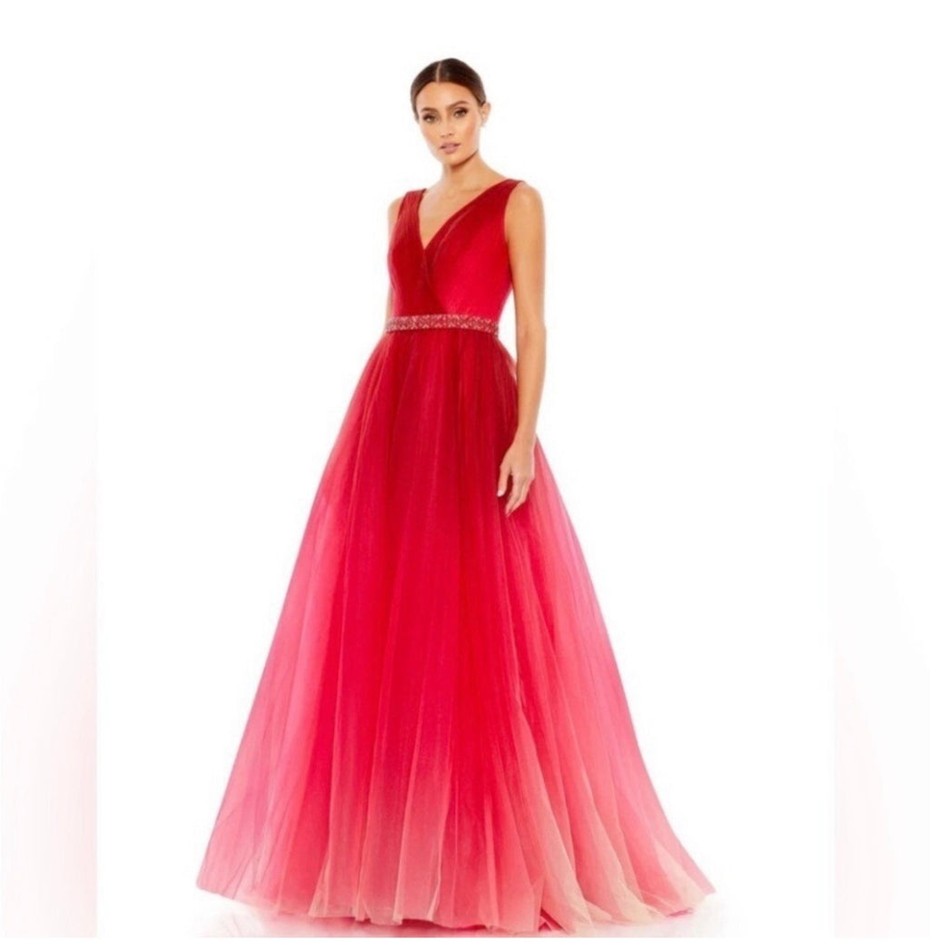 Mac Duggal #20378 Beaded Belt Wrap Over Sleeveless Ballgown
Red Ombré Sz 4