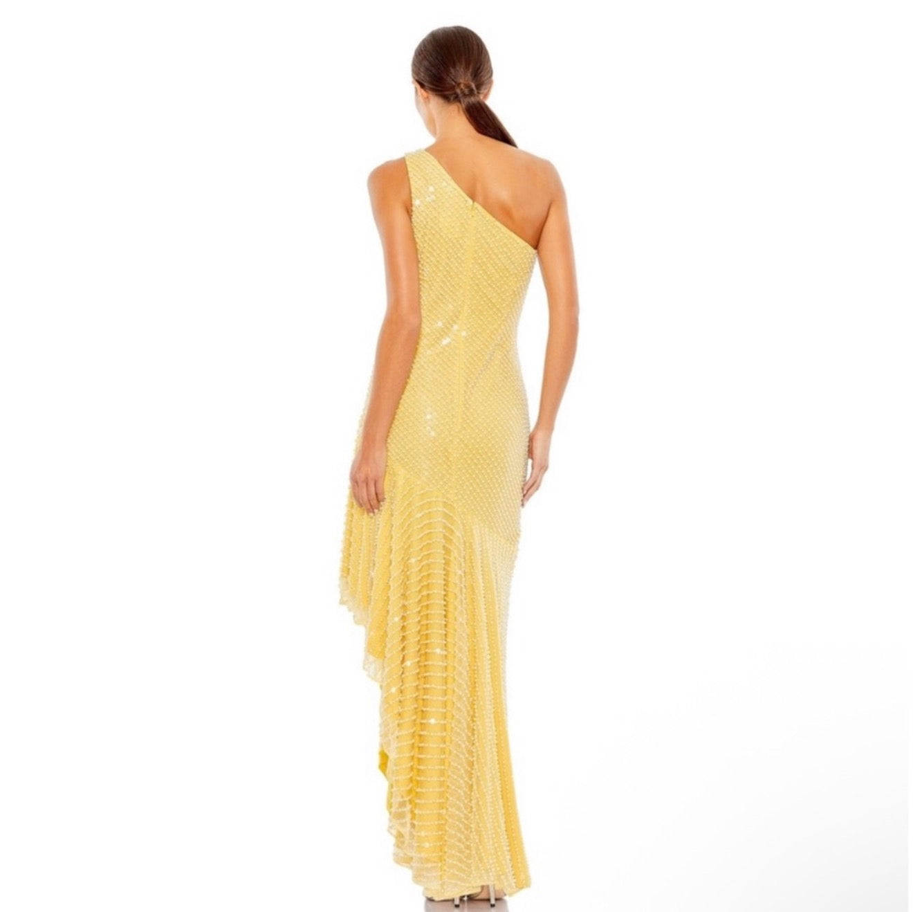 NWT Mac Duggal 93741 One Shoulder Asymmetrical Hem Dress Yellow Pearl Sz 14 $598