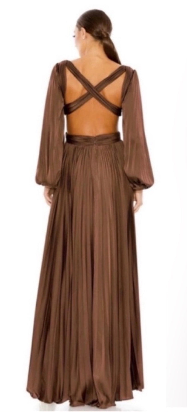 Mac Duggal 26737 Espresso Pleated Charmeuse Open Back Gown Size 10