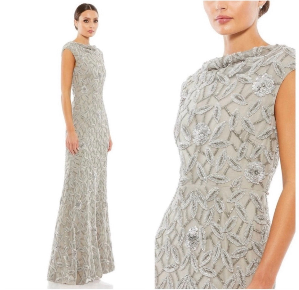 Mac Duggal 93537 Cowl Neckline Embellished Sequin Floral Dress Sz 8 $598