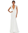 Mac Duggal #68137 Satin Feather Shoulder V-Neck Gown in White Sz
4