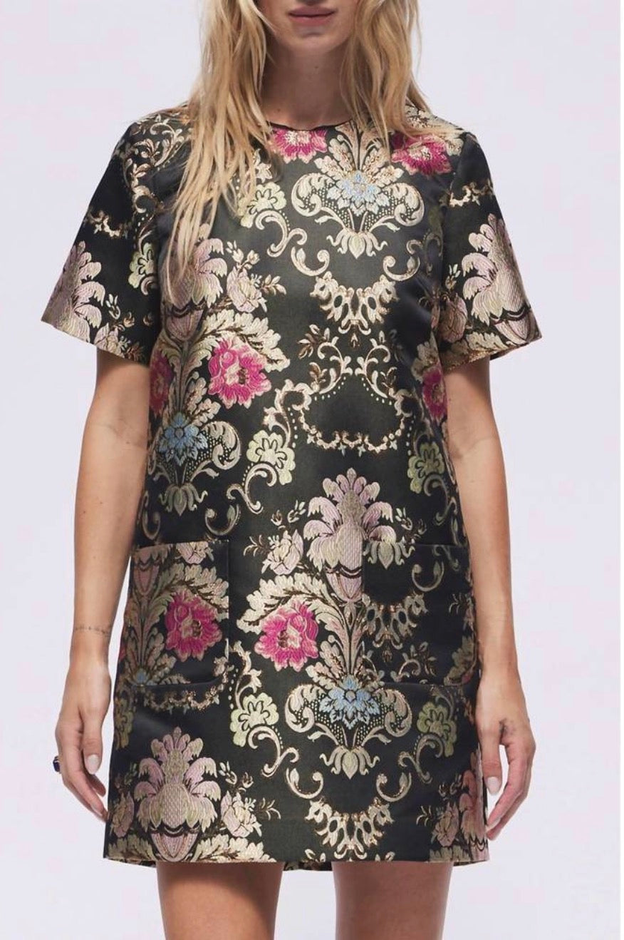 Hermoza Joyce Floral Jacquard Embroidered Short Sleeve Shift Mini Dress $288 small