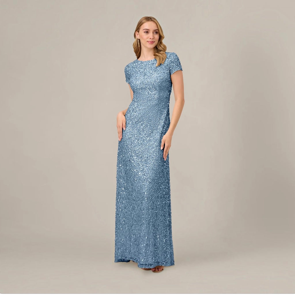 ADRIANNA PAPELL Scoop Back Sequin Gown Nile Blue Size 14