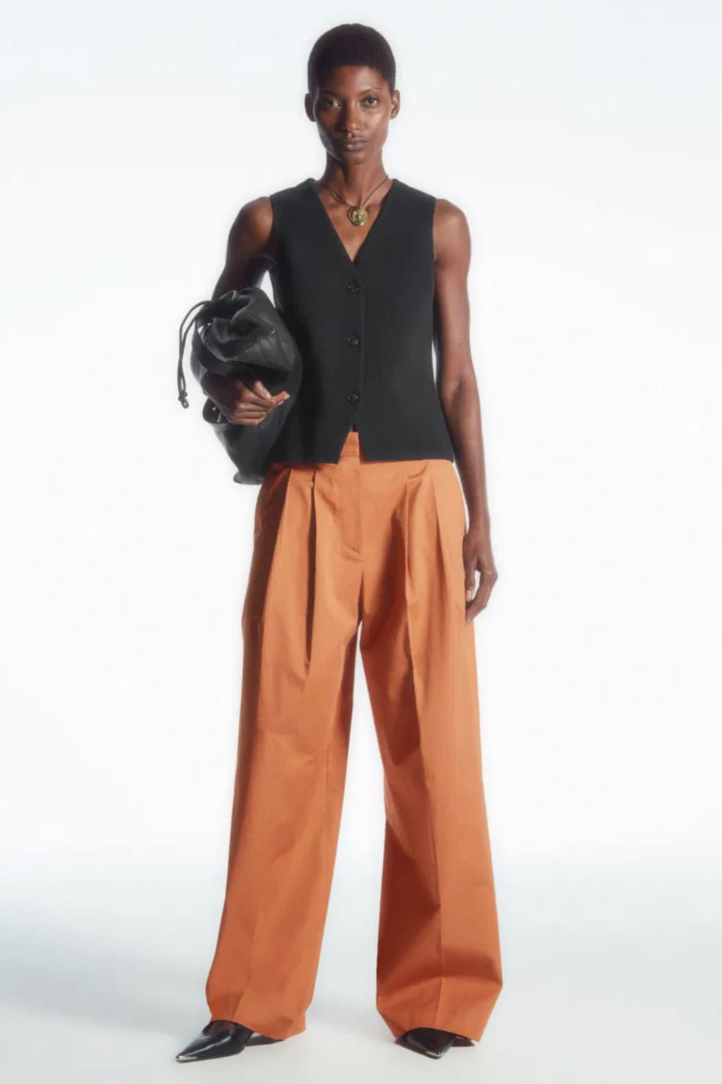 COS Pleated Wide-Leg Cotton Trousers Rust Orange Size 12