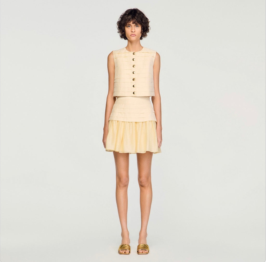 SANDRO Vanilla Pleated Crop Top & Mini Skirt Set FR 42 US 10