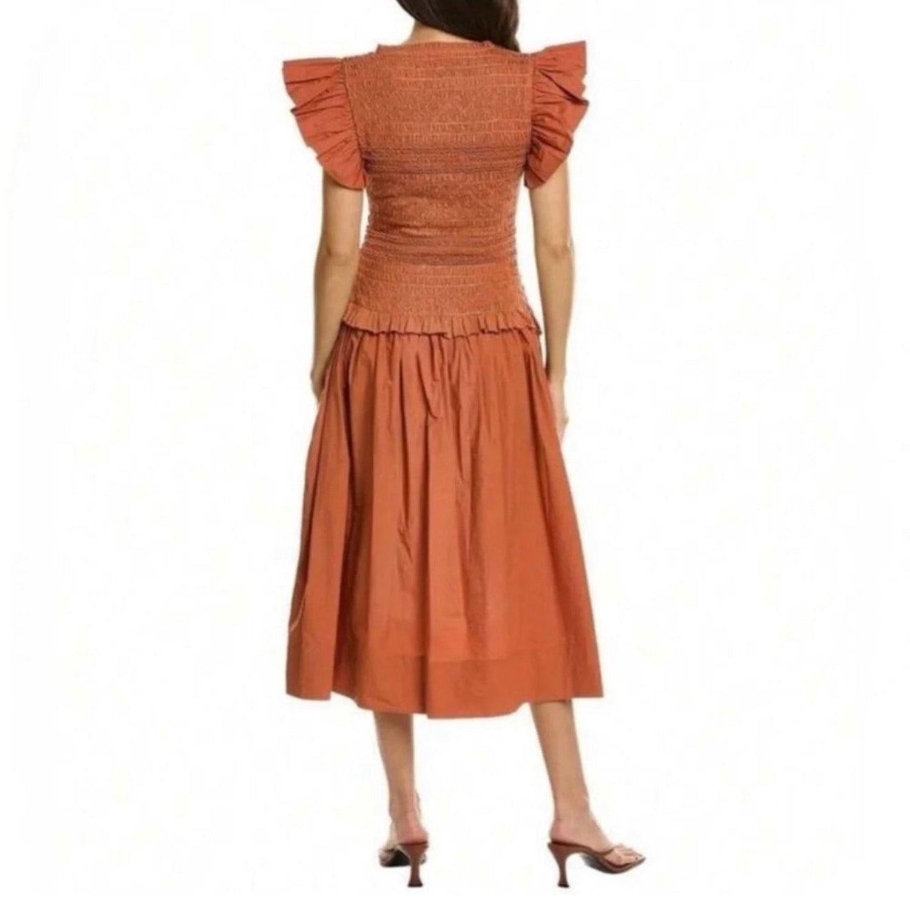 Ulla Johnson Madeline Ruffled
Smocked Midi Dress in Clay Sz 2