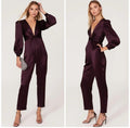 Mac Duggal Front Twist Puff Sleeve Deep V Jumpsuit Plum Sz 2 $298