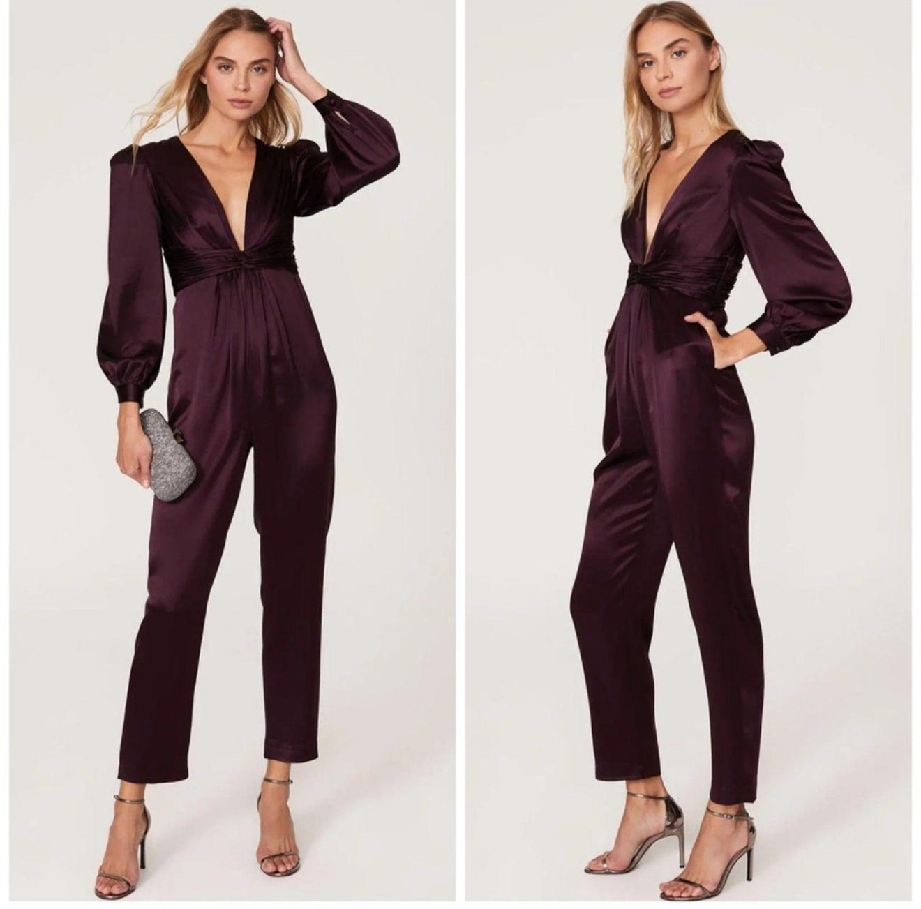Mac Duggal Front Twist Puff Sleeve Deep V Jumpsuit Plum Sz 2 $298