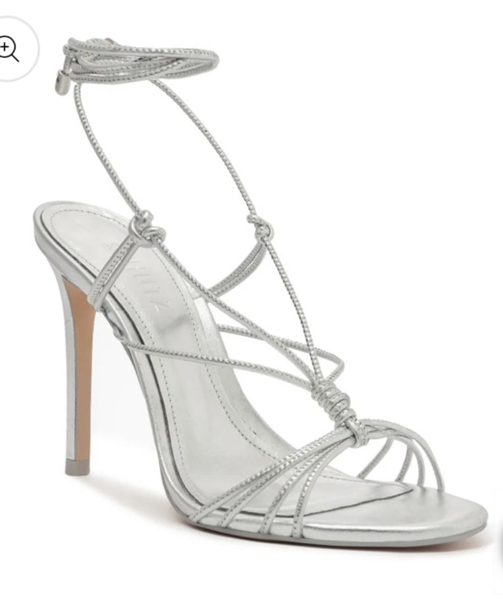Schutz Azealia Metallic Leather Wrap Sandal in Silver Sz 9.5 $138