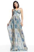 Dress the Population Idalia Metallic Abstract Floral Print One-Shoulder Gown Pale Blue Multi  XL