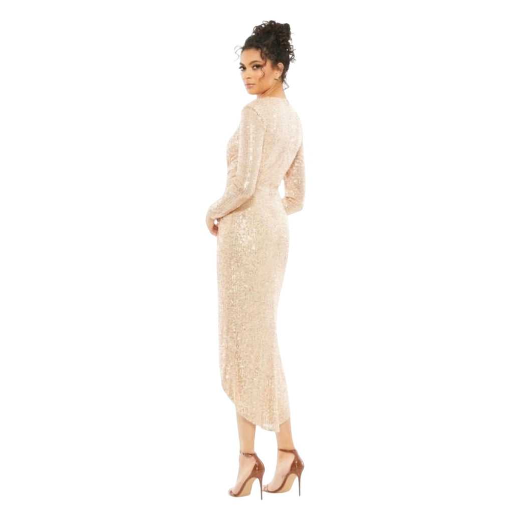 Mac Duggal  Sequin Knotted Long Sleeve Midi Dress Rose Gold Sz 10