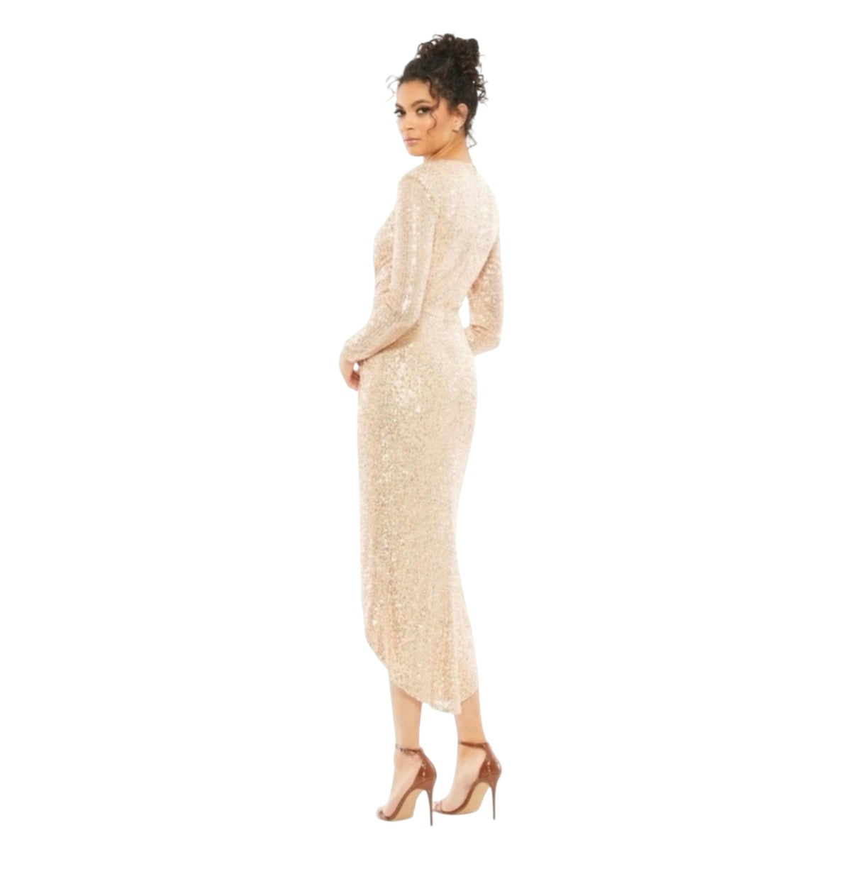 Mac Duggal  Sequin Knotted Long Sleeve Midi Dress Rose Gold Sz 10