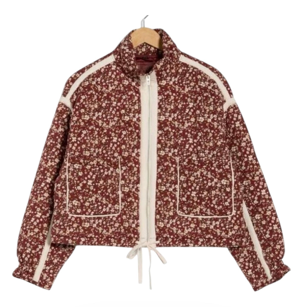 BLANKNYC Cropped Quilted Floral Jacket Budding Bordeaux Size Large