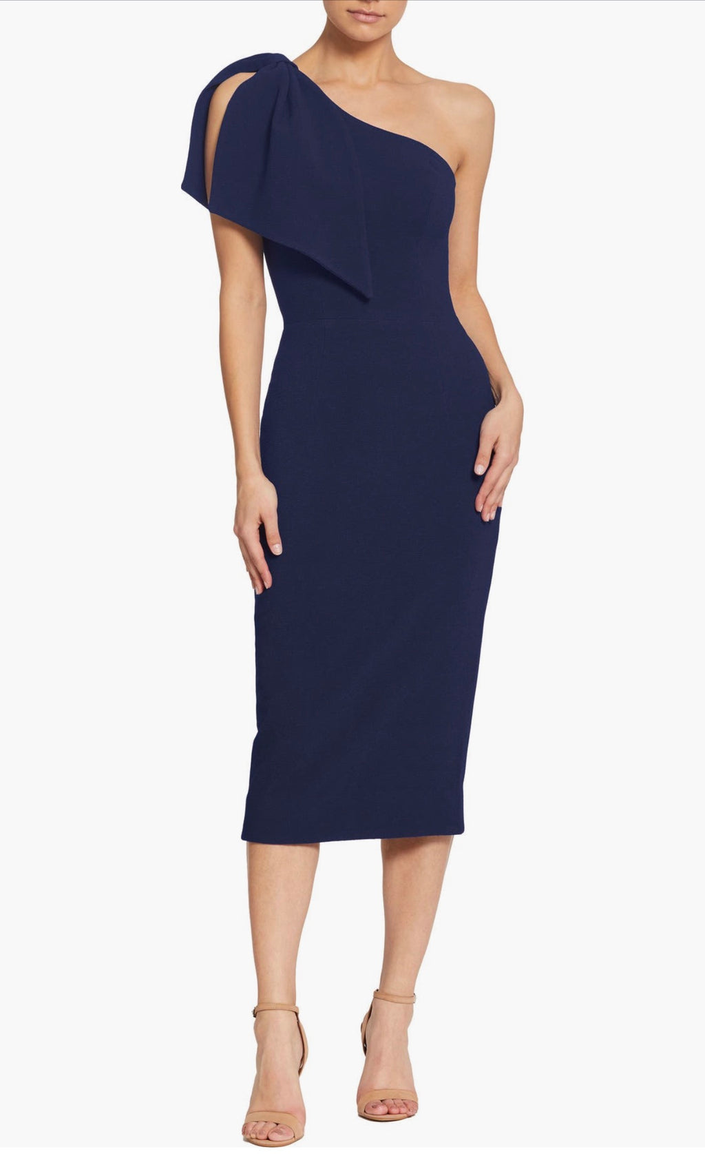 Dress the Population Tiffany One-Shoulder Midi Dress in Midnight Sz Medium $148