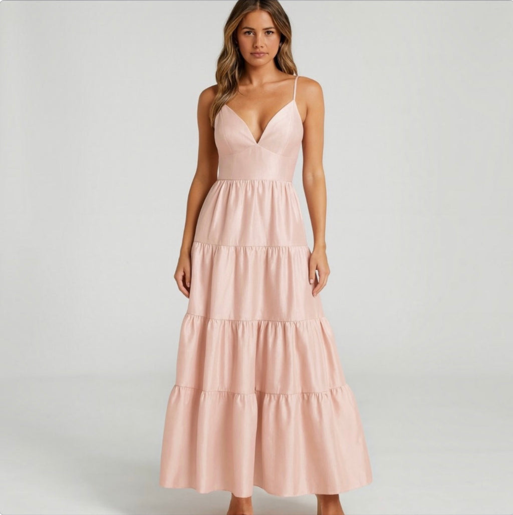 HUTCH Blush Pink Tiered Maxi Dress Taffeta Sheen Spaghetti Strap Gown Small