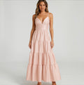 HUTCH Blush Pink Tiered Maxi Dress Taffeta Sheen Spaghetti Strap Gown Small