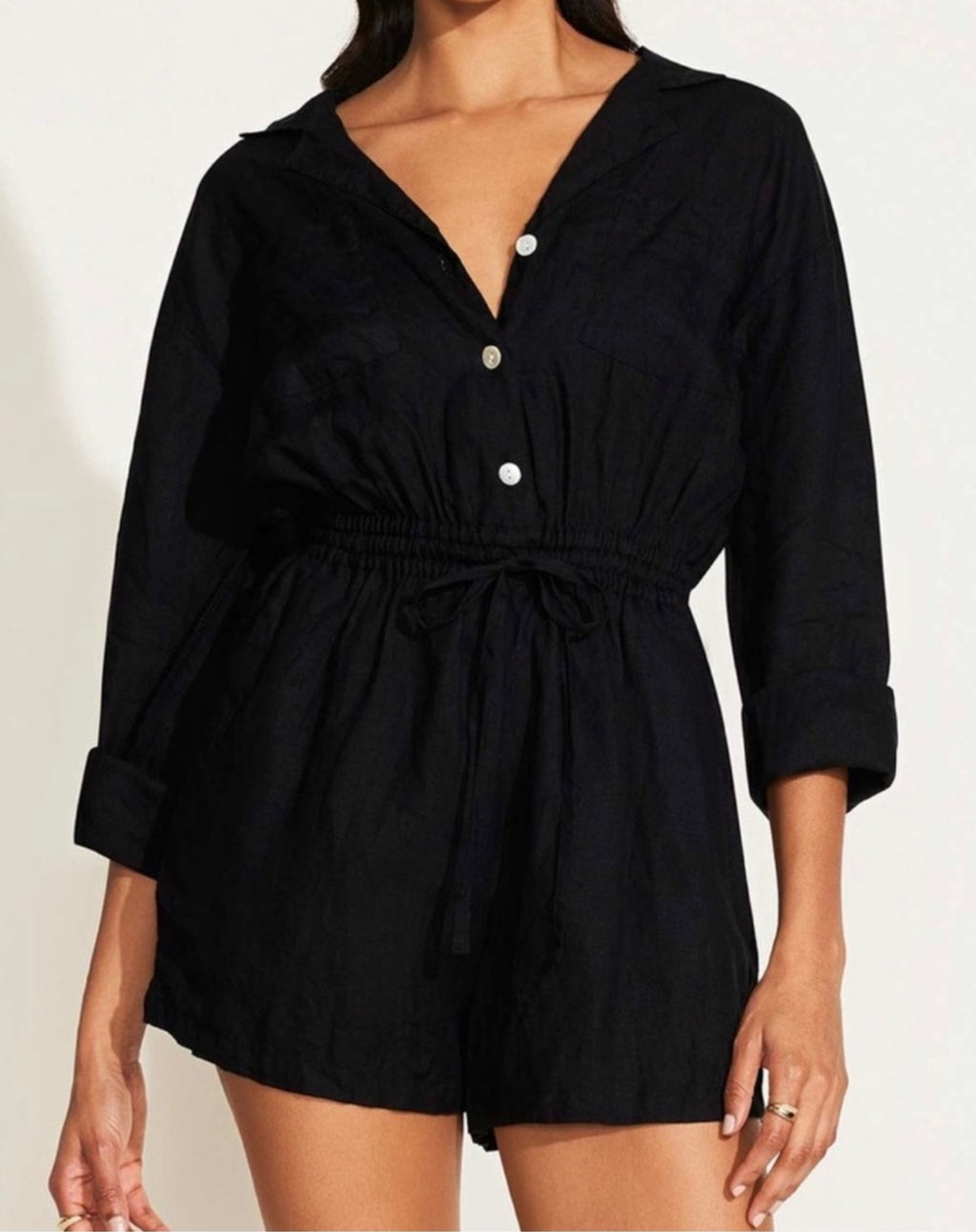 NWT Vitamin A The Getaway Romper - Black EcoLinen Sz Large $170