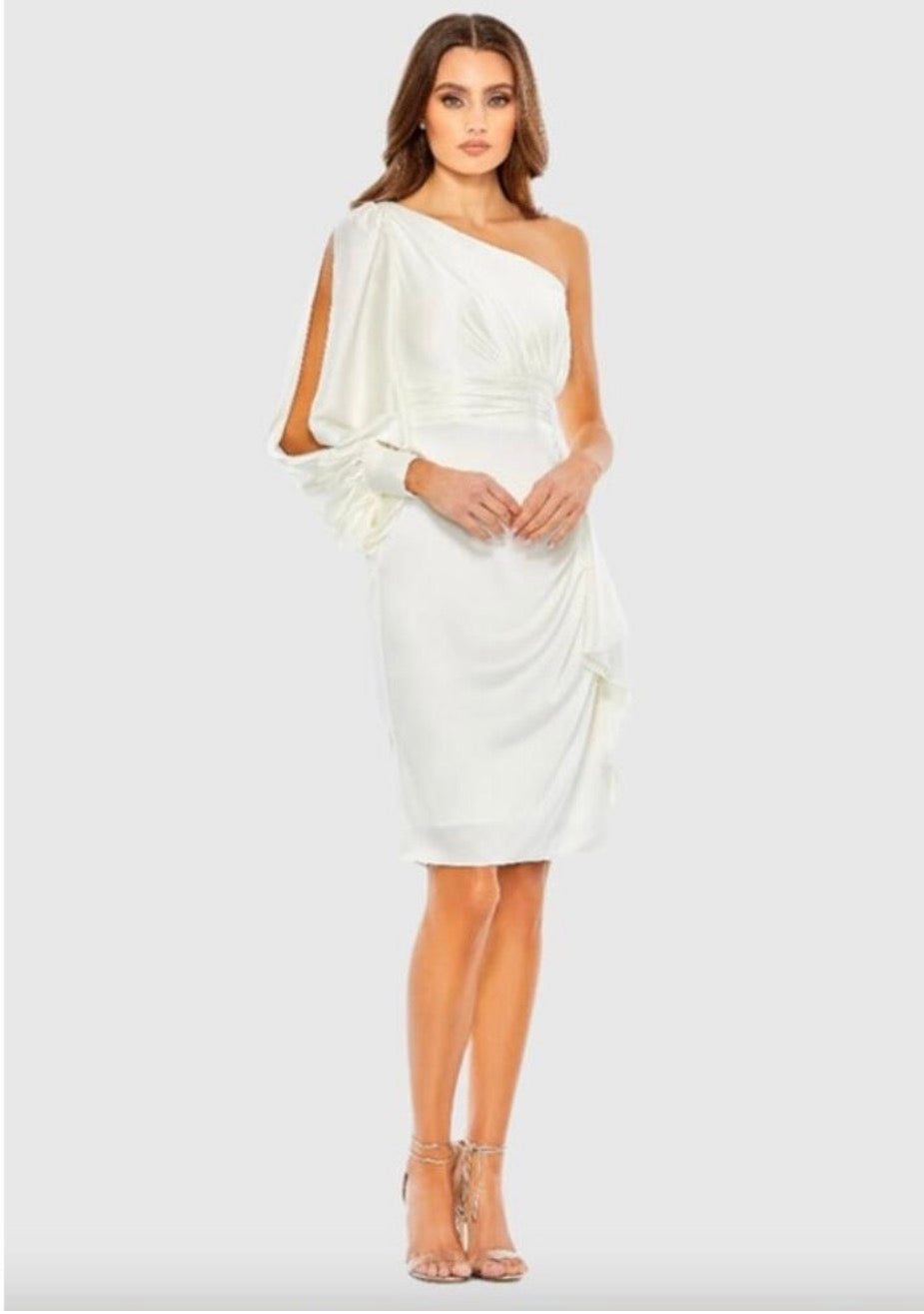 Ieena Mac Duggal 55336
Satin One Sleeve Ruched Cocktail Dress White  $338