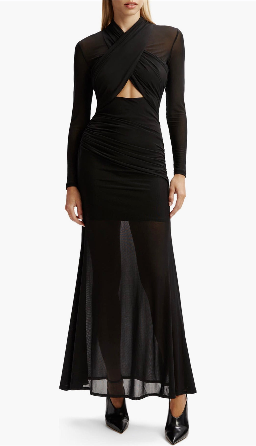 Bardot Veria Front Wrap Long Sleeve Mesh Gown Black Ruched Cutout Dress Size 6