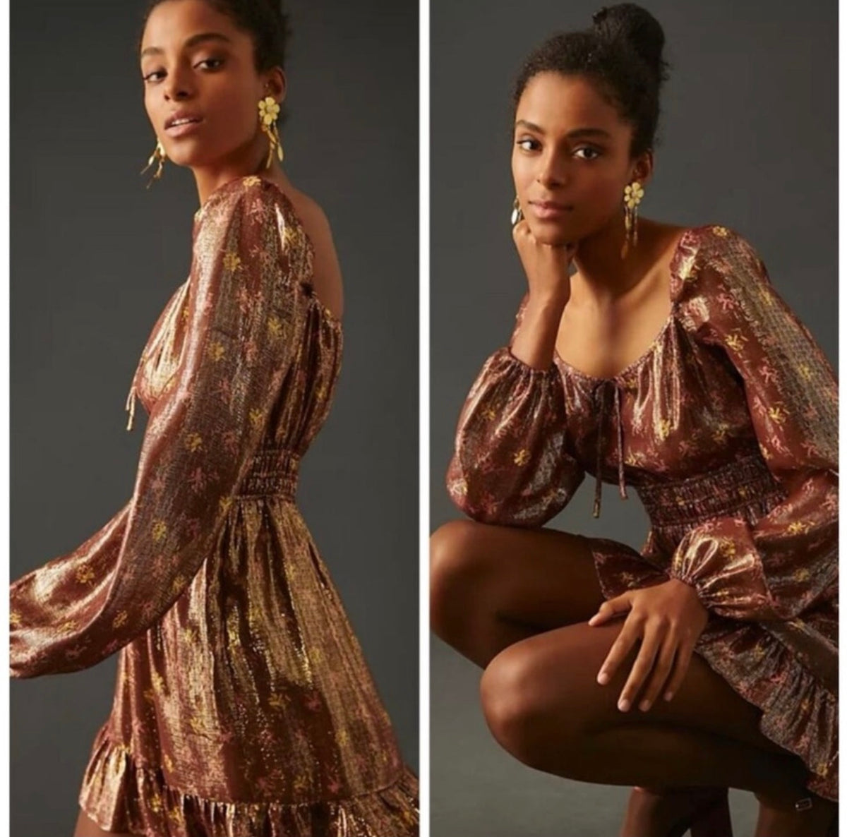 Paige Noah Metallic Dress Long Sleeve Mini in Brown Copper Sz Small