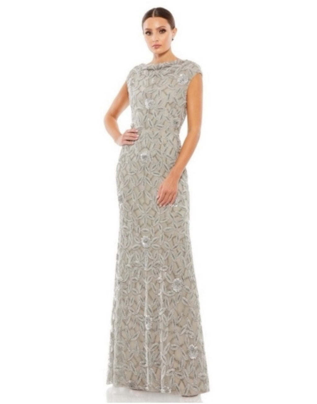 Mac Duggal 93537 Cowl Neckline Embellished Sequin Floral Dress Sz 8 $598