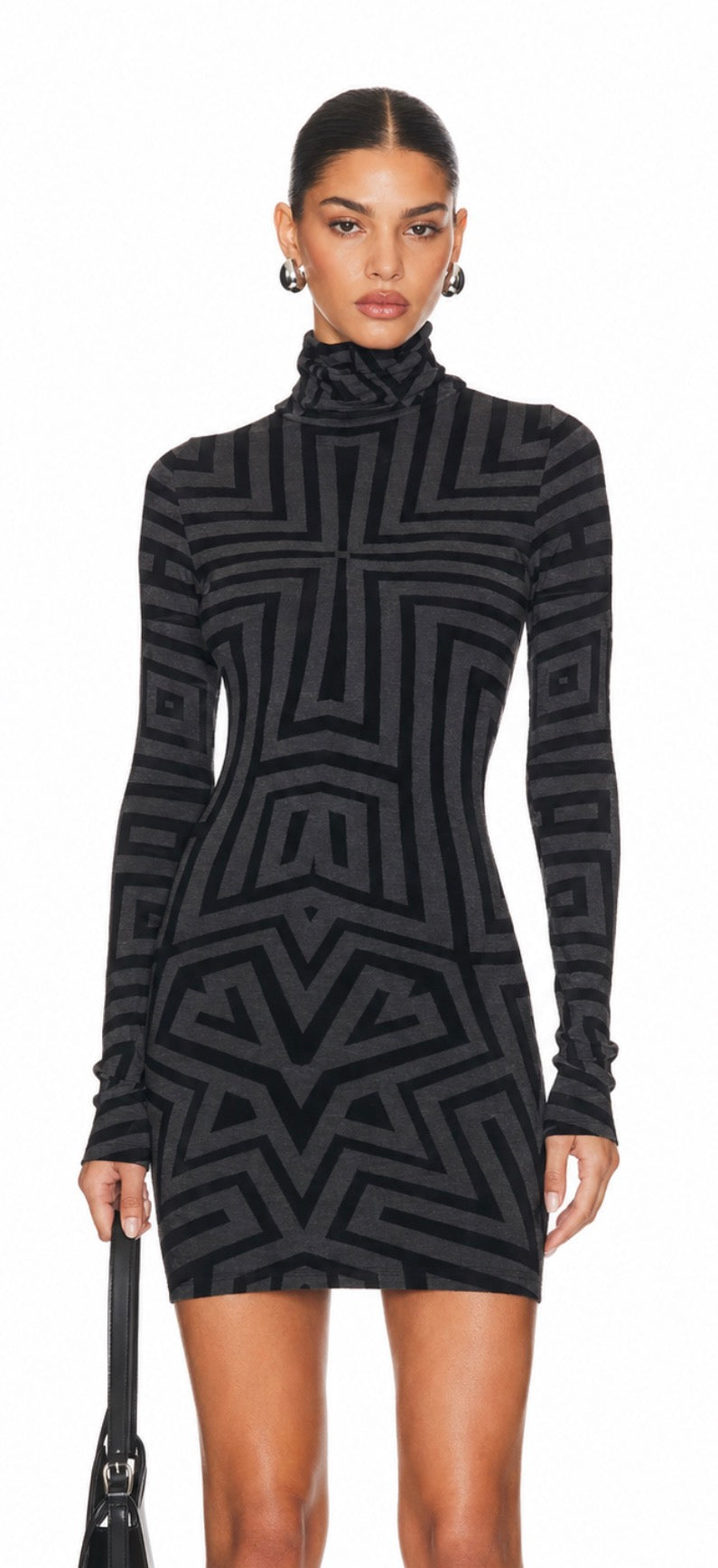 Gareth Pugh Geometric Mock Neck Bodycon Dress Grey Black Long Sleeve Italian 38 $365