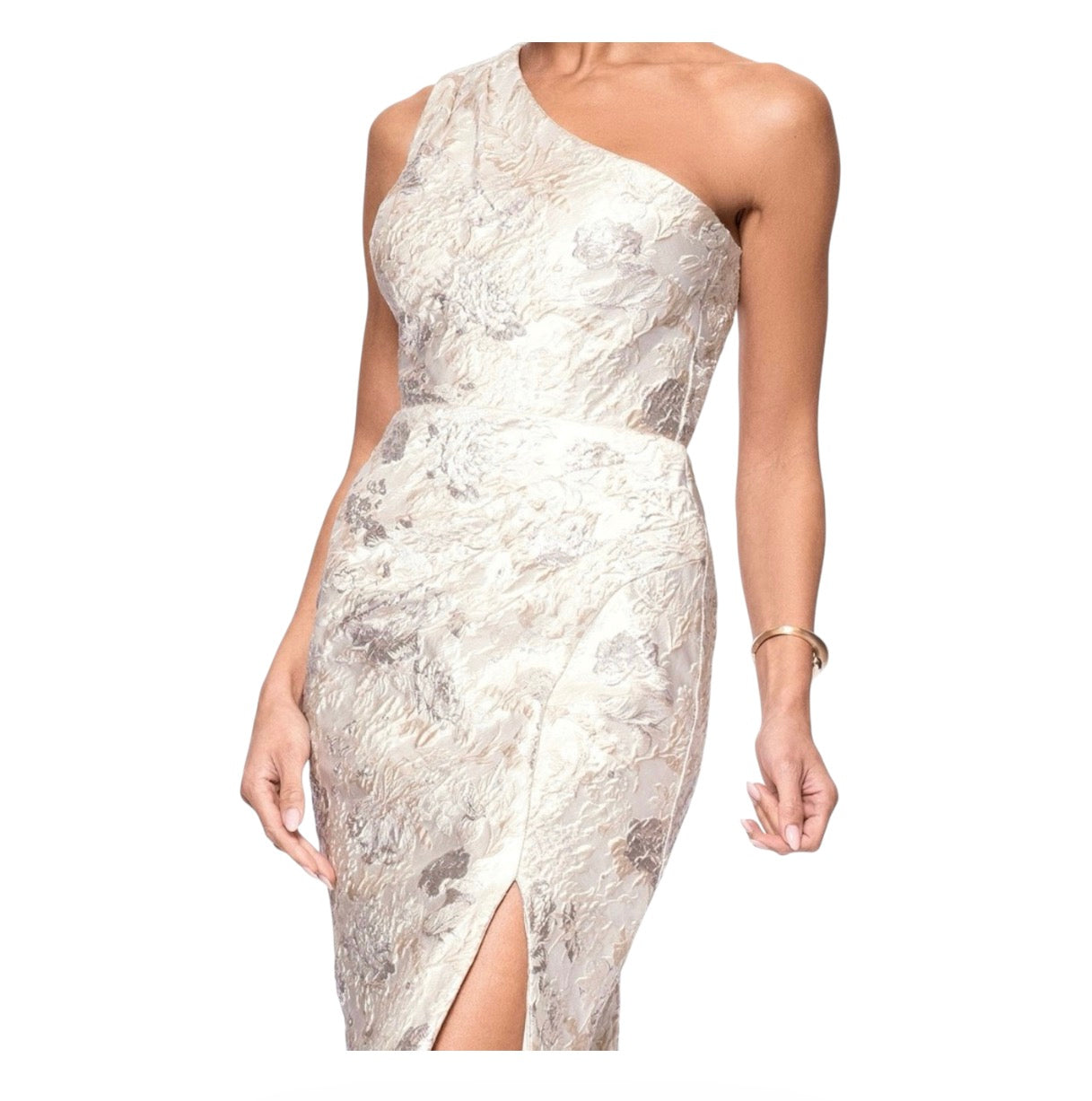 Xscape Evenings Metallic Floral Jacquard One-Shoulder Sheath Cocktail Dress in Champagne NWT Sz 10