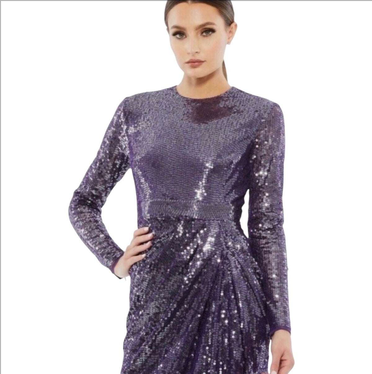 Mac Duggal 10824 Sequined Long Sleeve Draped Gown Purple Amethyst Sz 2