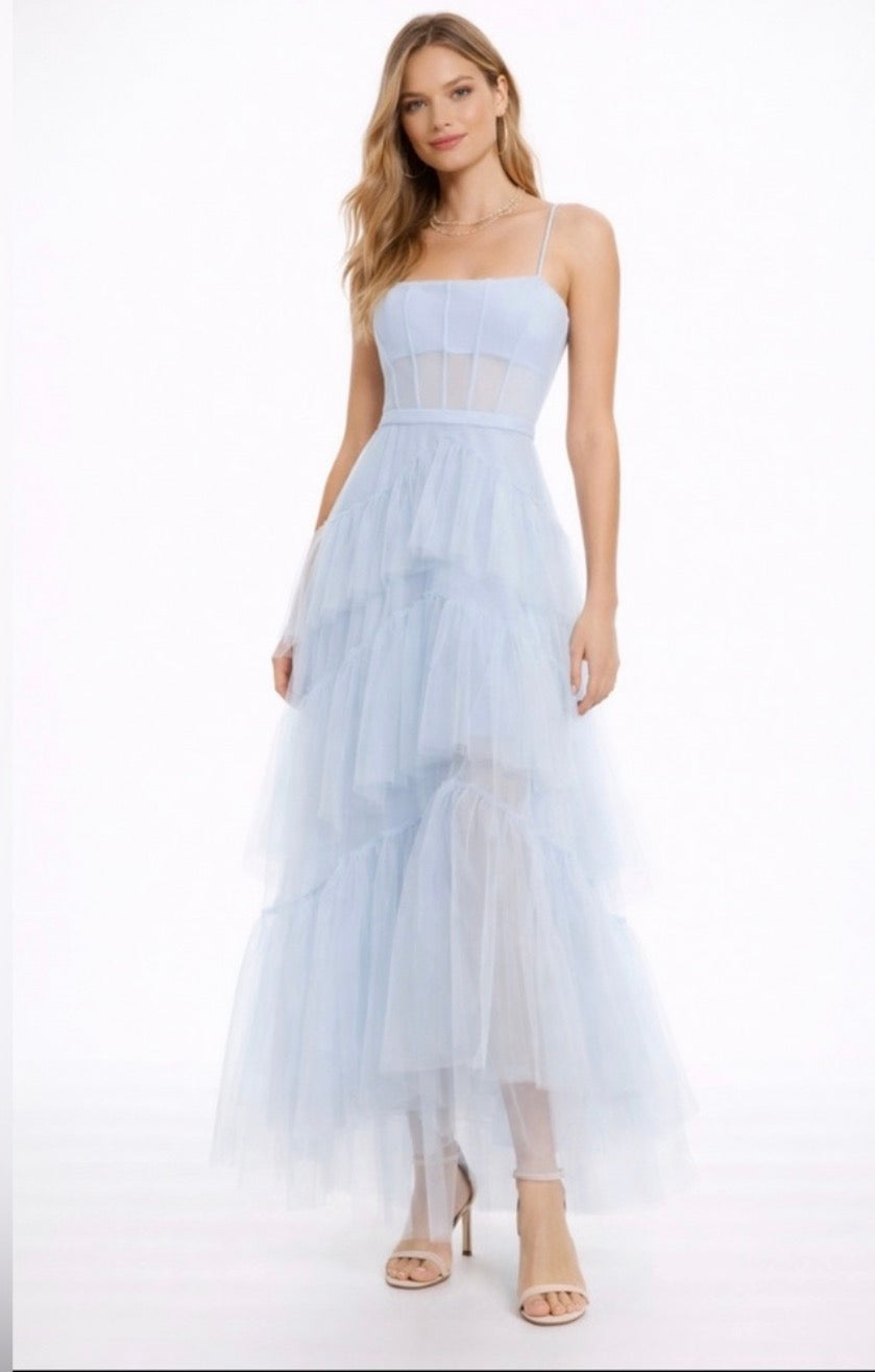 BCBGMAXAZRIA Sheer Tiered Ruffle Gown in Kentucky Blue Sz 6 $498