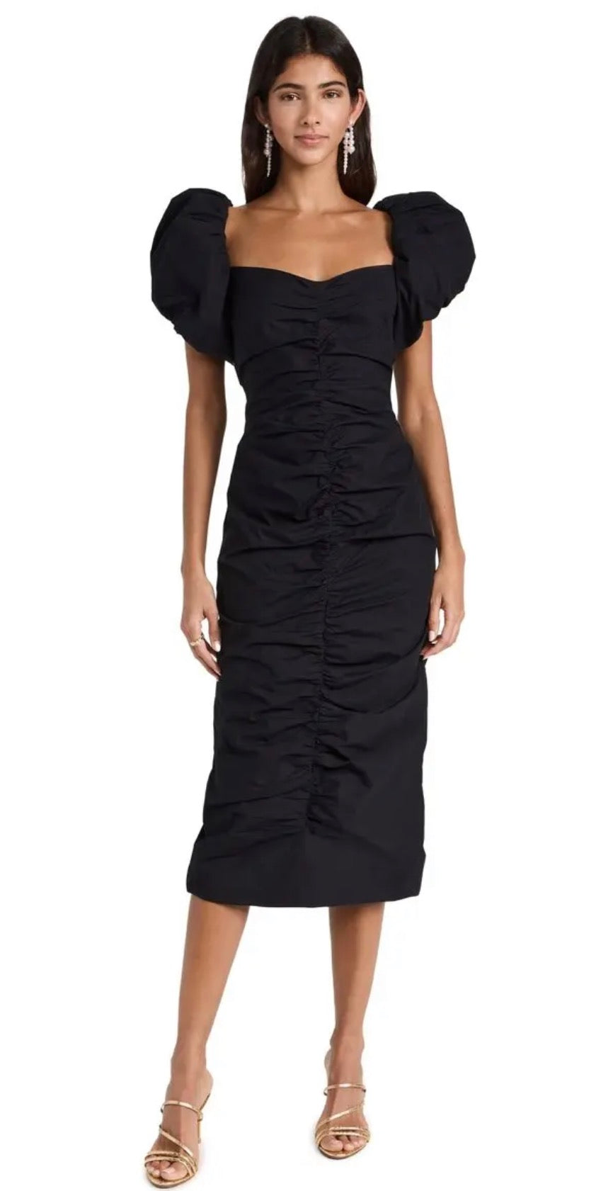 RHODE Tessa Dress Midi Puff Sleeve Midi Dress in Black $475