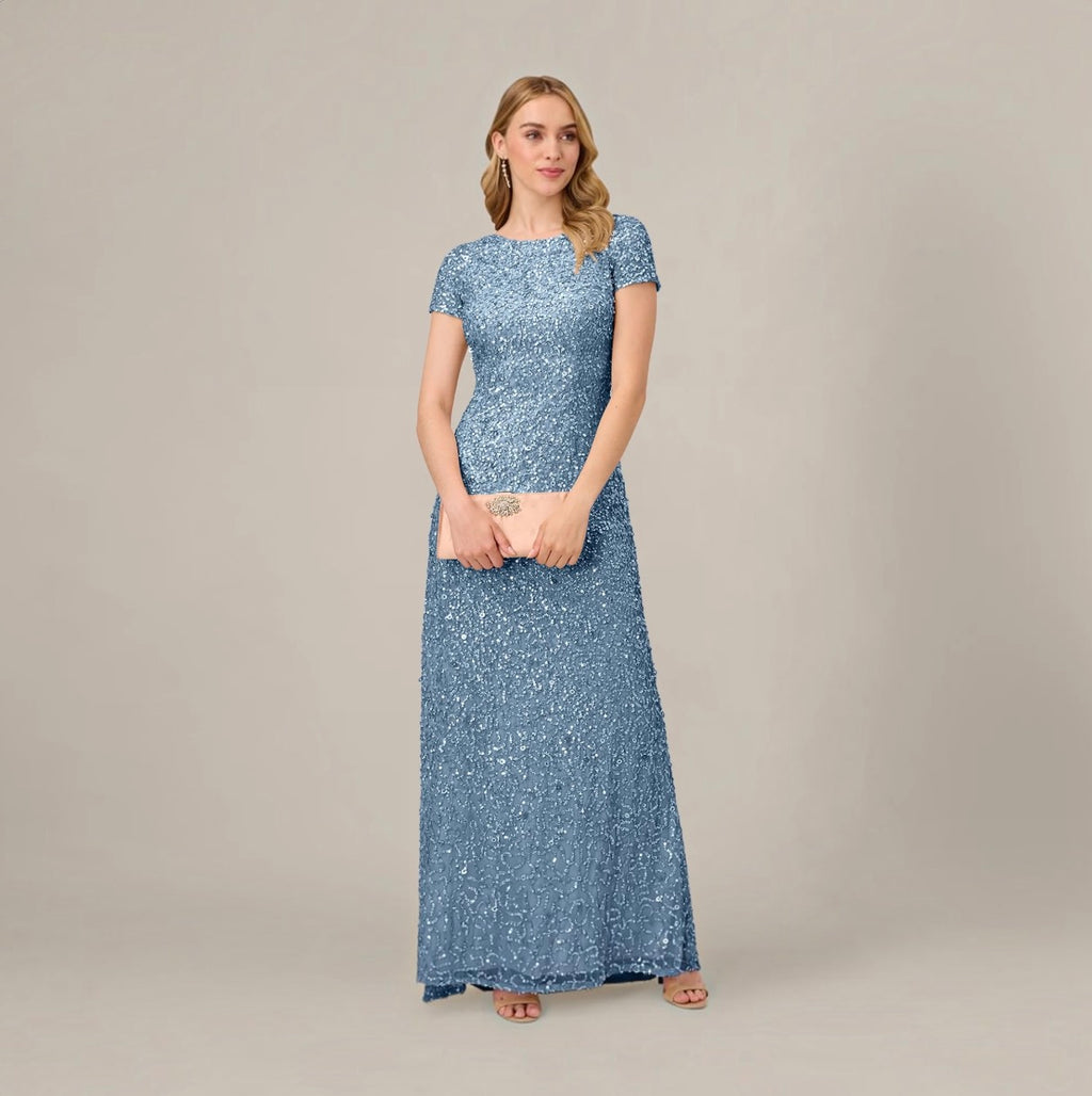 ADRIANNA PAPELL Scoop Back Sequin Gown Nile Blue Size 14
