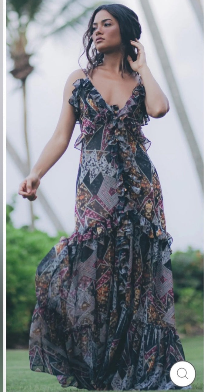 Sukiso Angelina Ruffle Maxi
Dress in Pink Deco $385