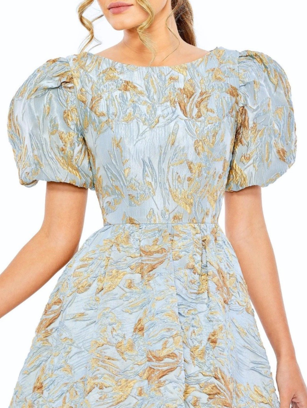 Mac Duggal 11608 Floral Jacquard
High Low Evening Gown Blue +
Gold Size 8 $798