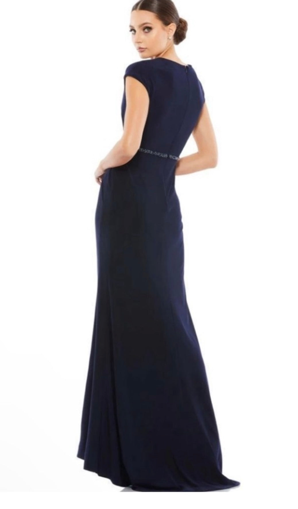 Mac Duggal 67850 Navy Beaded Waist Cap Sleeve Dress Gown Sz 10 $398