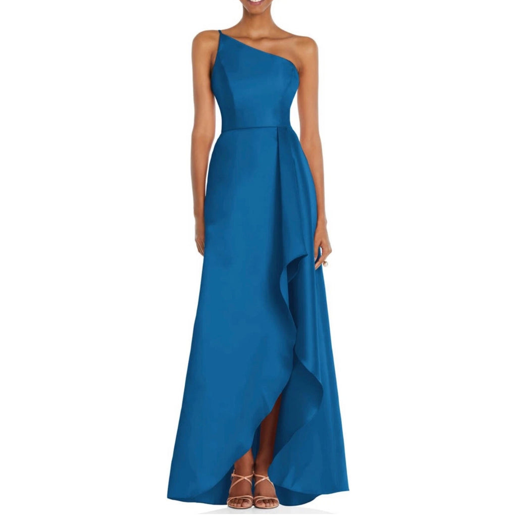 Alfred Sung ONE-SHOULDER SATIN GOWN WITH DRAPED FRONT SLIT AND POCKETS Blue Sz 8