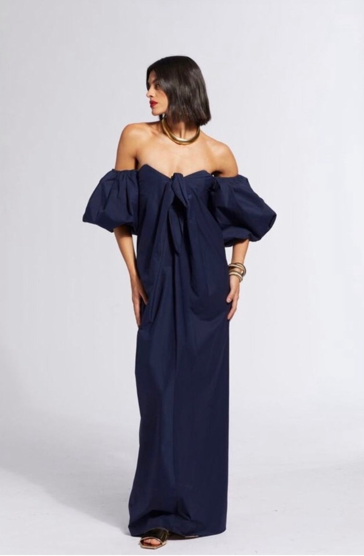 Caroline Constas Reyna Off the Shoulder Maxi Dress Navy XXS
