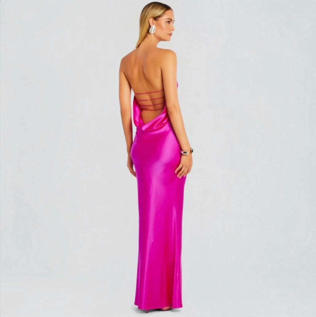 Retrofête KEATON SILK Maxi DRESS in Neon Pink Sz Large