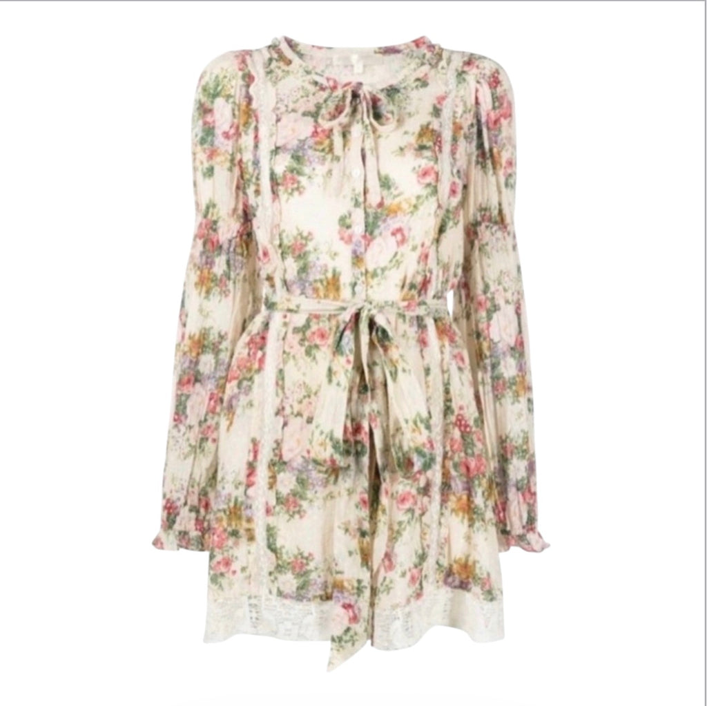 LoveShackFancy Fria Shining Gemstone Floral Lace-Trim Mini
Dress Cream Small