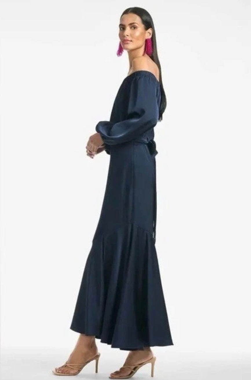 Sachin & Babi Kai Satin Crepe Off Shoulder Dress in Midnight Blue Sz 2 $450