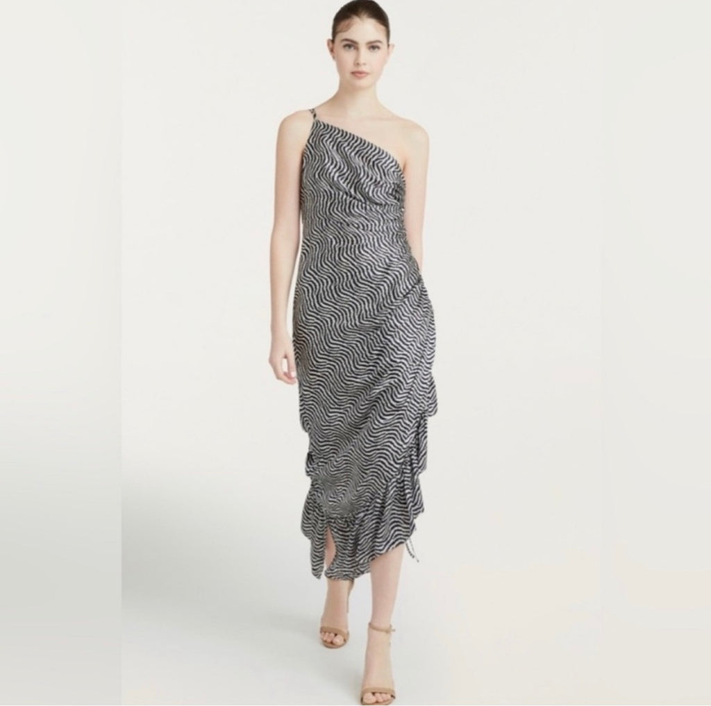 Cinq a Sept Christel One Shoulder Asymmetric Silk Midi Dress Sz 00