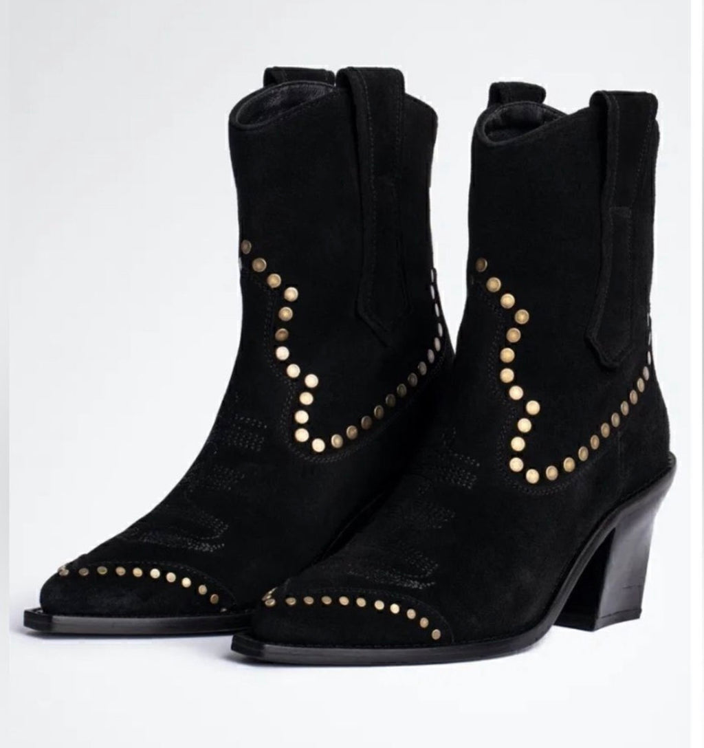 Zadig & Voltaire Cara Studded Suede Cowboy Boots Black 
Size: EU 40 / US 9